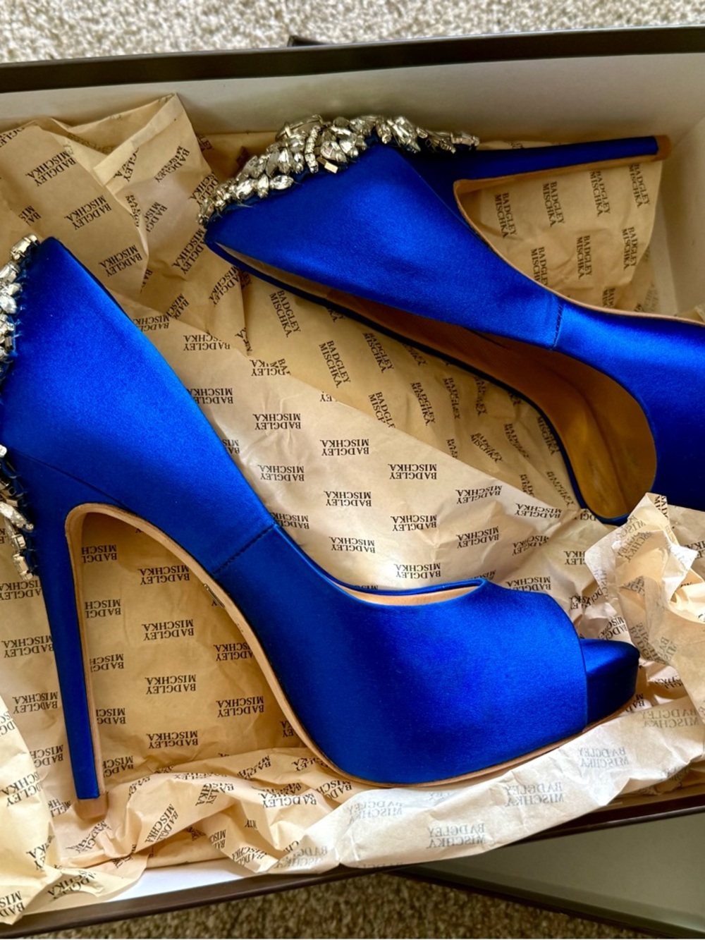 Badgley Mischka Cobalt Blue Satin Peep-Toe Heels with Crystal Embellishment